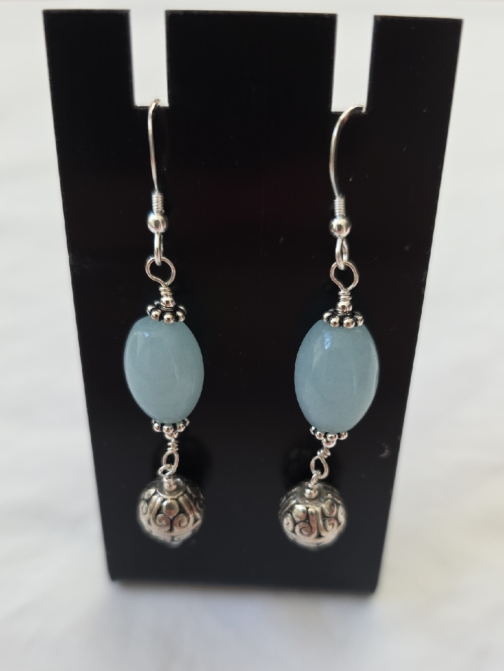 Sterling Silver Drop Earrings with Aquamarine Beads and Filigree Orbs